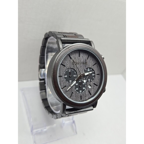 Stay Fine Wood Chronograph Quartz Brown Dial Date Bracelet New Battery Men Watch - Picture 3 of 12